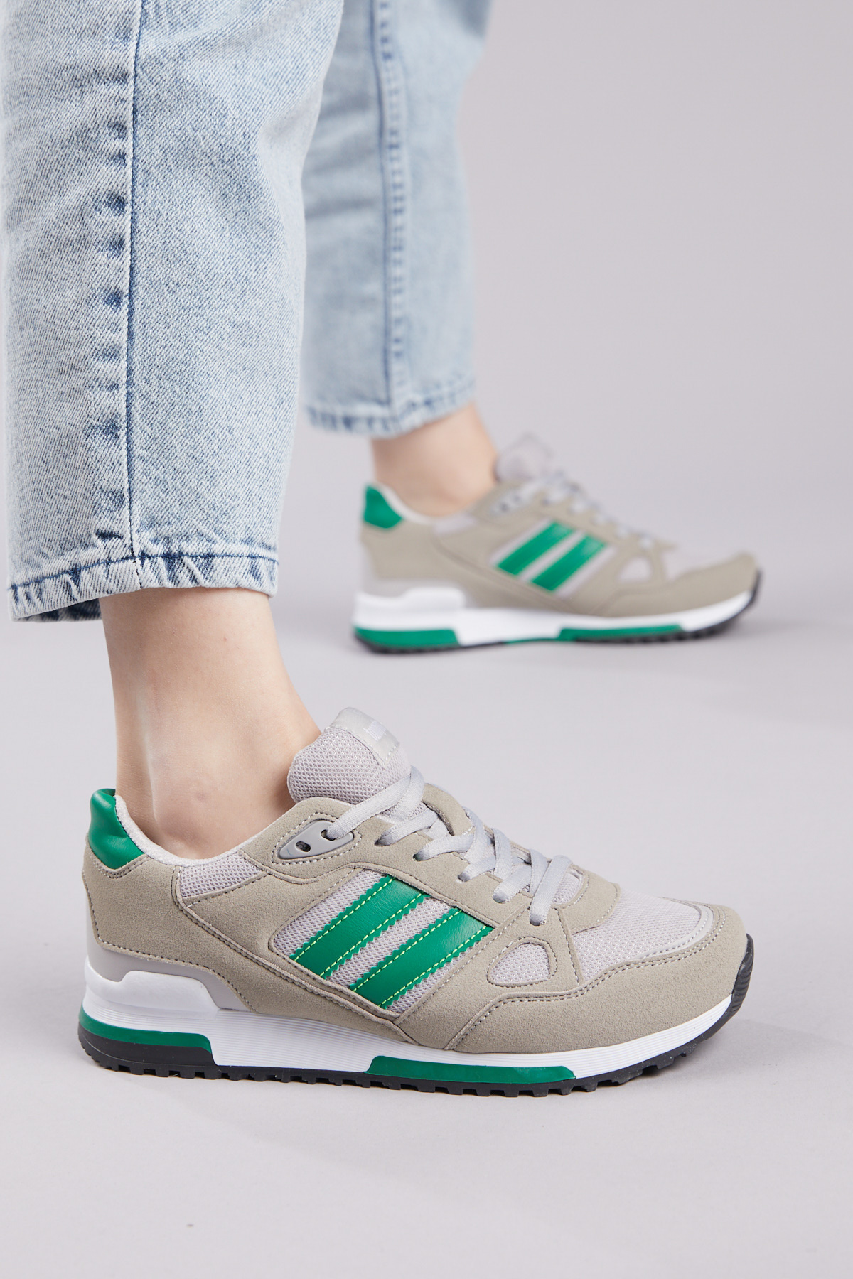 Unisex Gri Yeşil Termo Taban Şeritli Bağcıklı Spor Ayakkabı