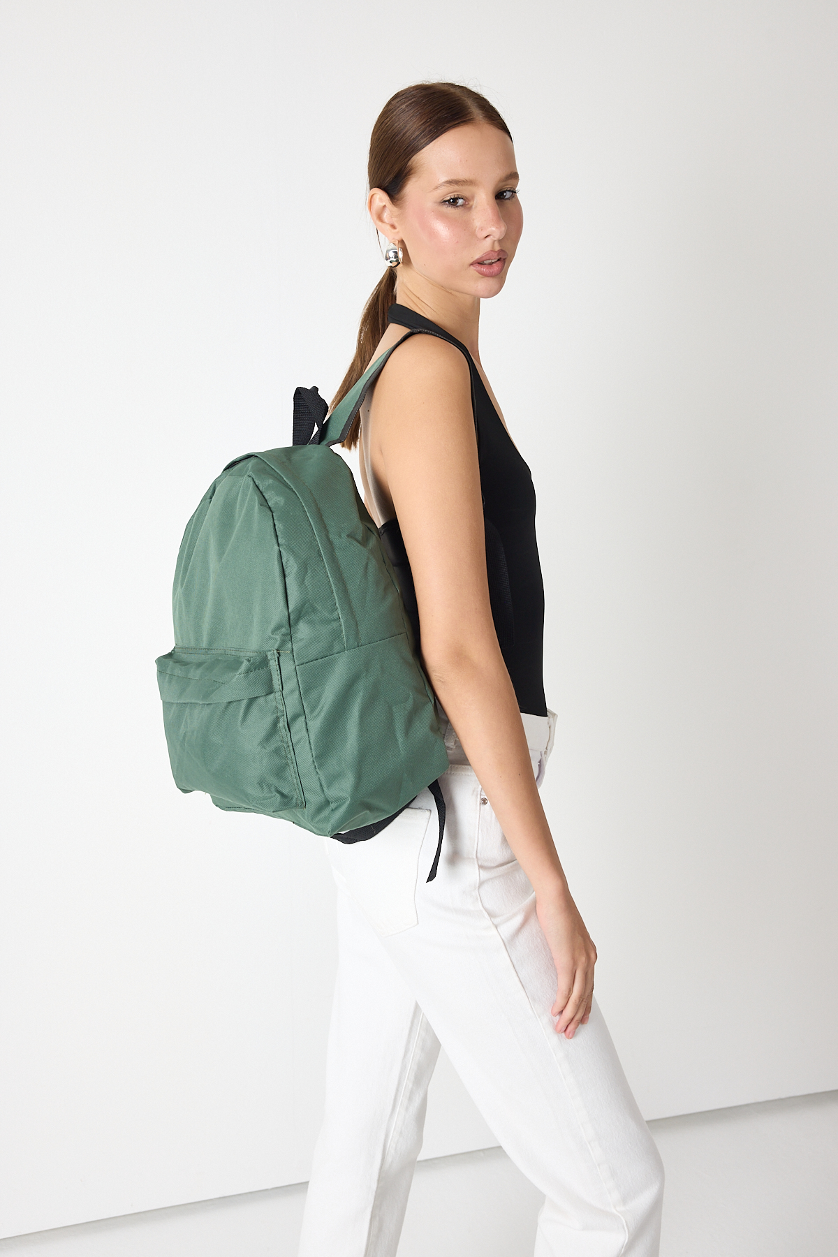 Unisex Haki Önü Fermuarlı İki Bölmeli Sırt Çantası