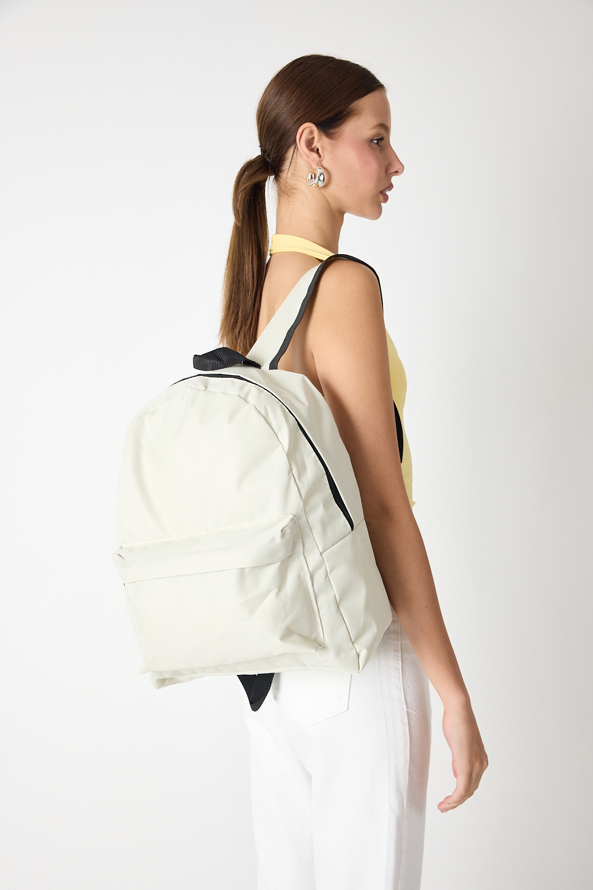 Unisex Krem Önü Fermuarlı İki Bölmeli Sırt Çantası