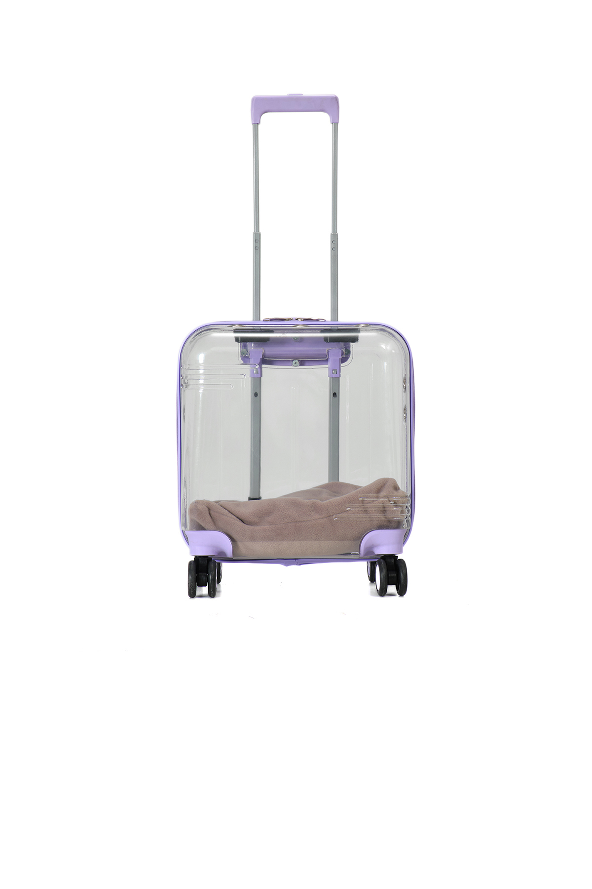Unisex Lila Tekerlekli Şeffaf İçi Yataklı Köpek ve Kedi Evcil Hayvan Taşıma Çantası