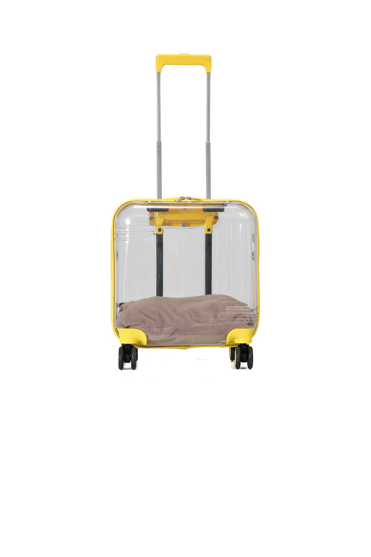 Unisex Sarı Tekerlekli Şeffaf İçi Yataklı Köpek ve Kedi Evcil Hayvan Taşıma Çantası