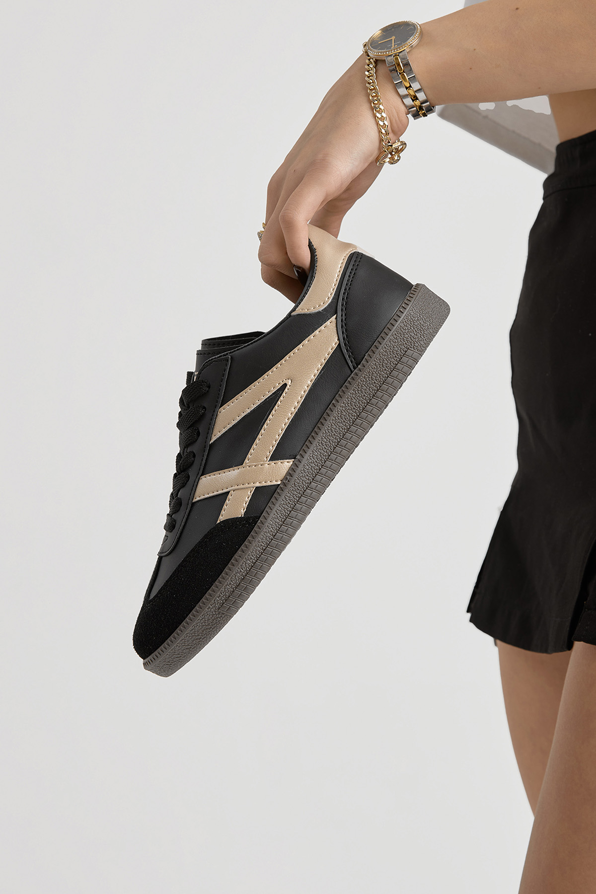 Unisex Siyah Bej Termo Taban Yanı Şeritli Bağcıklı Spor Ayakkabı