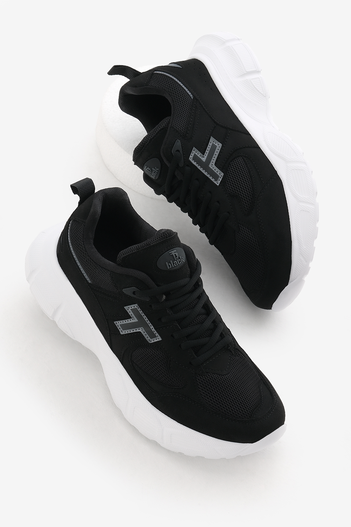 Unisex Siyah Beyaz Yüksek Faylon Taban Nefes Alabilen Kumaş Bağcıklı Spor Ayakkabı