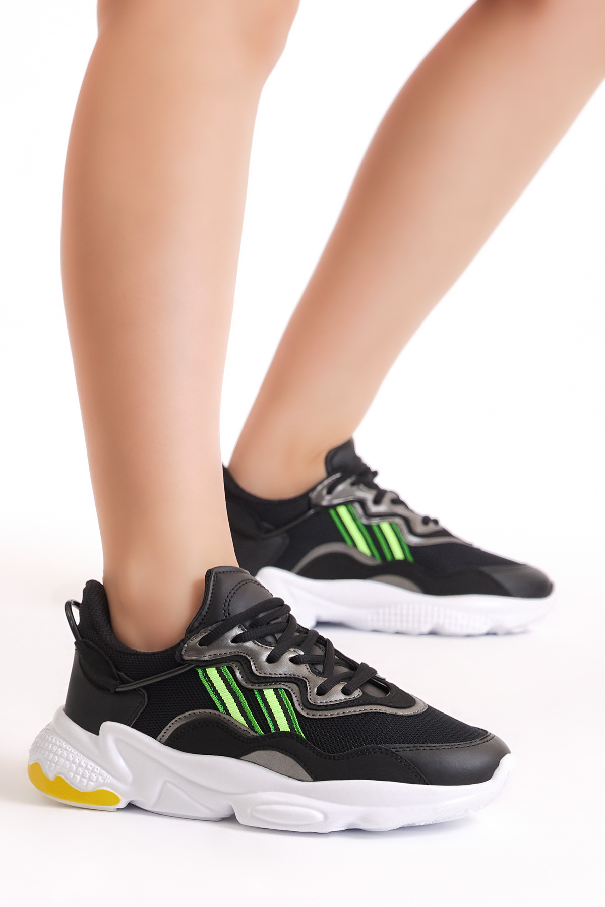 Unisex Siyah File Rahat Kalıp Yüksek Taban Şeritli Bağcıklı Spor Ayakkabı