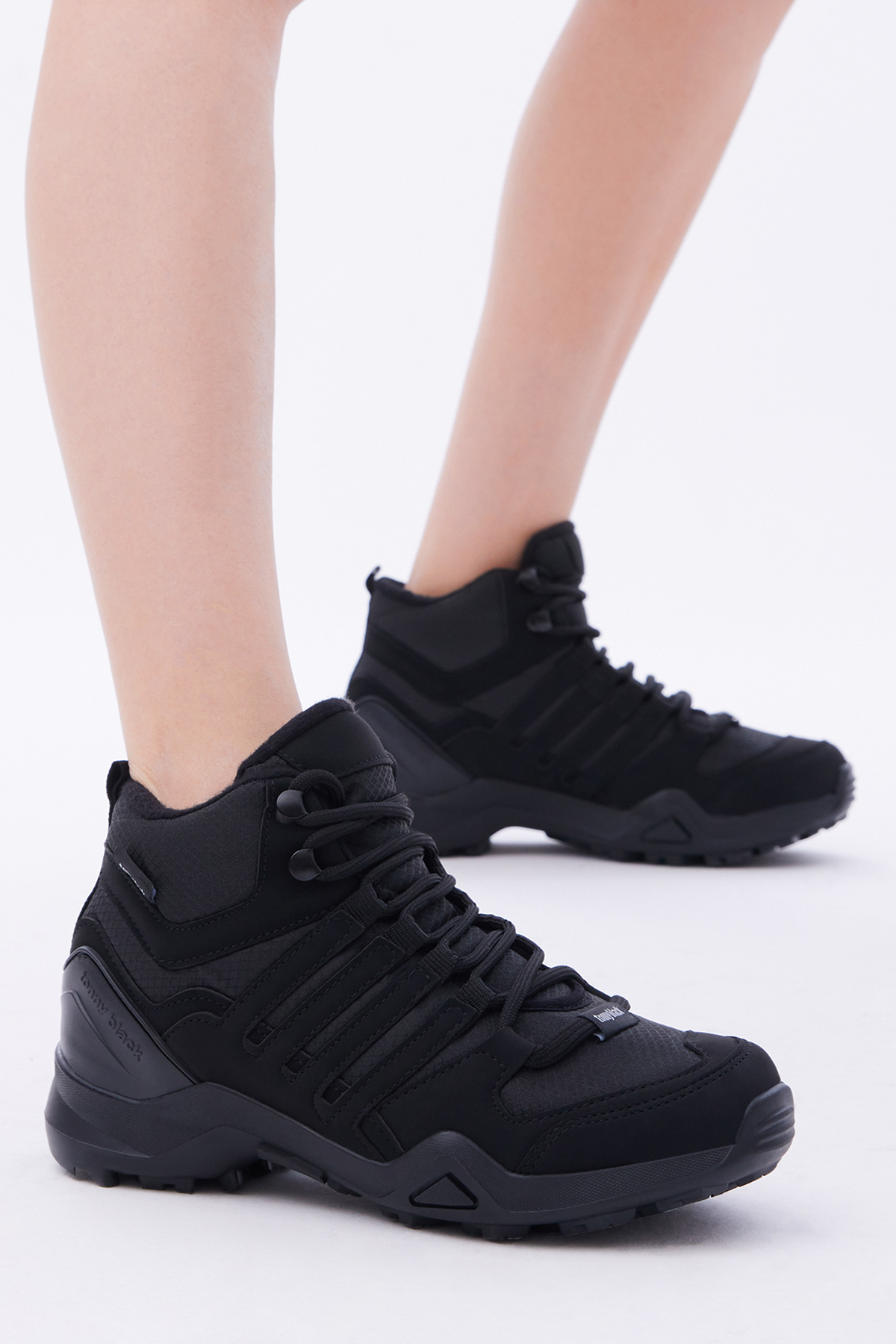 Unisex Siyah Siyah Rahat Kalıp Yanı Şerit Detaylı Bağcıklı Trekking Bot