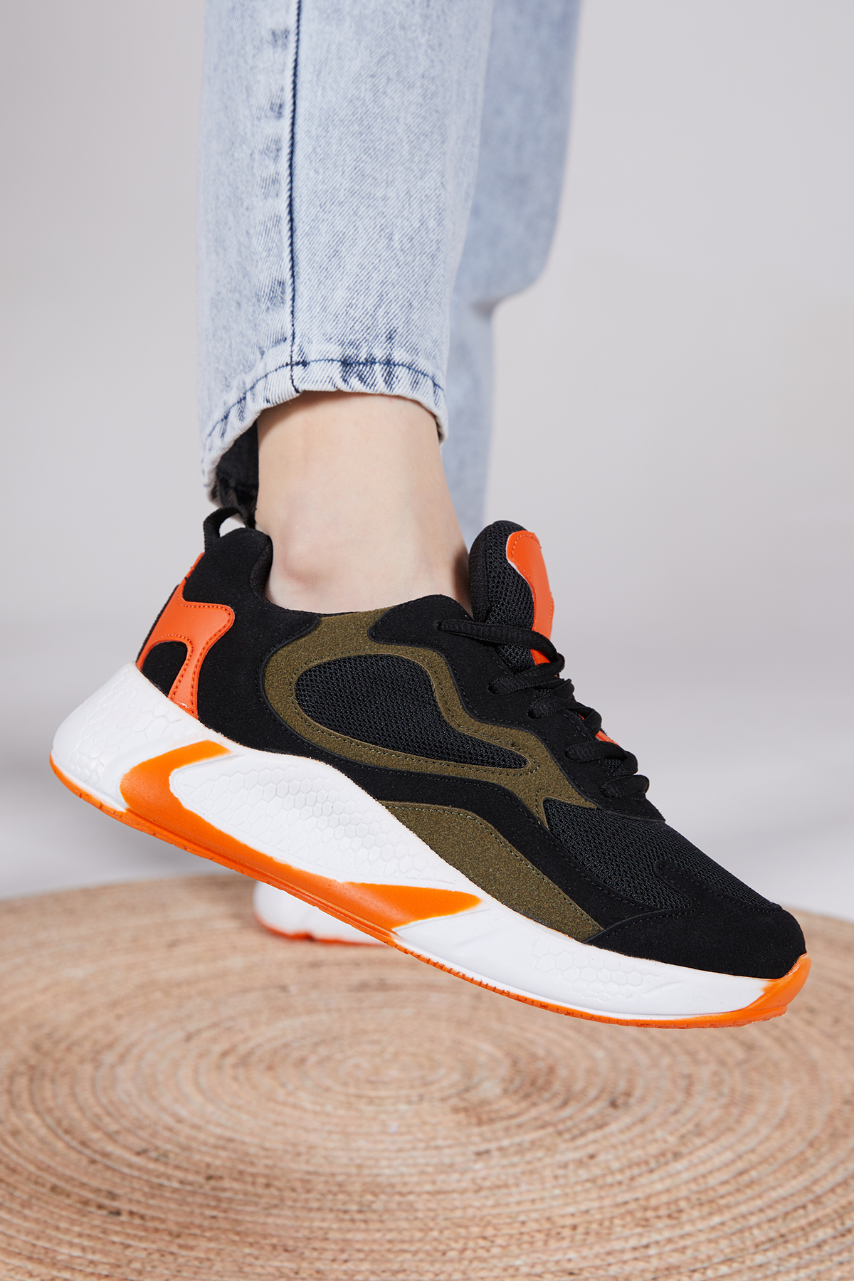 Unisex Siyah Turuncu Rahat Kalıp Yüksek Taban Bağcıklı Spor Ayakkabı