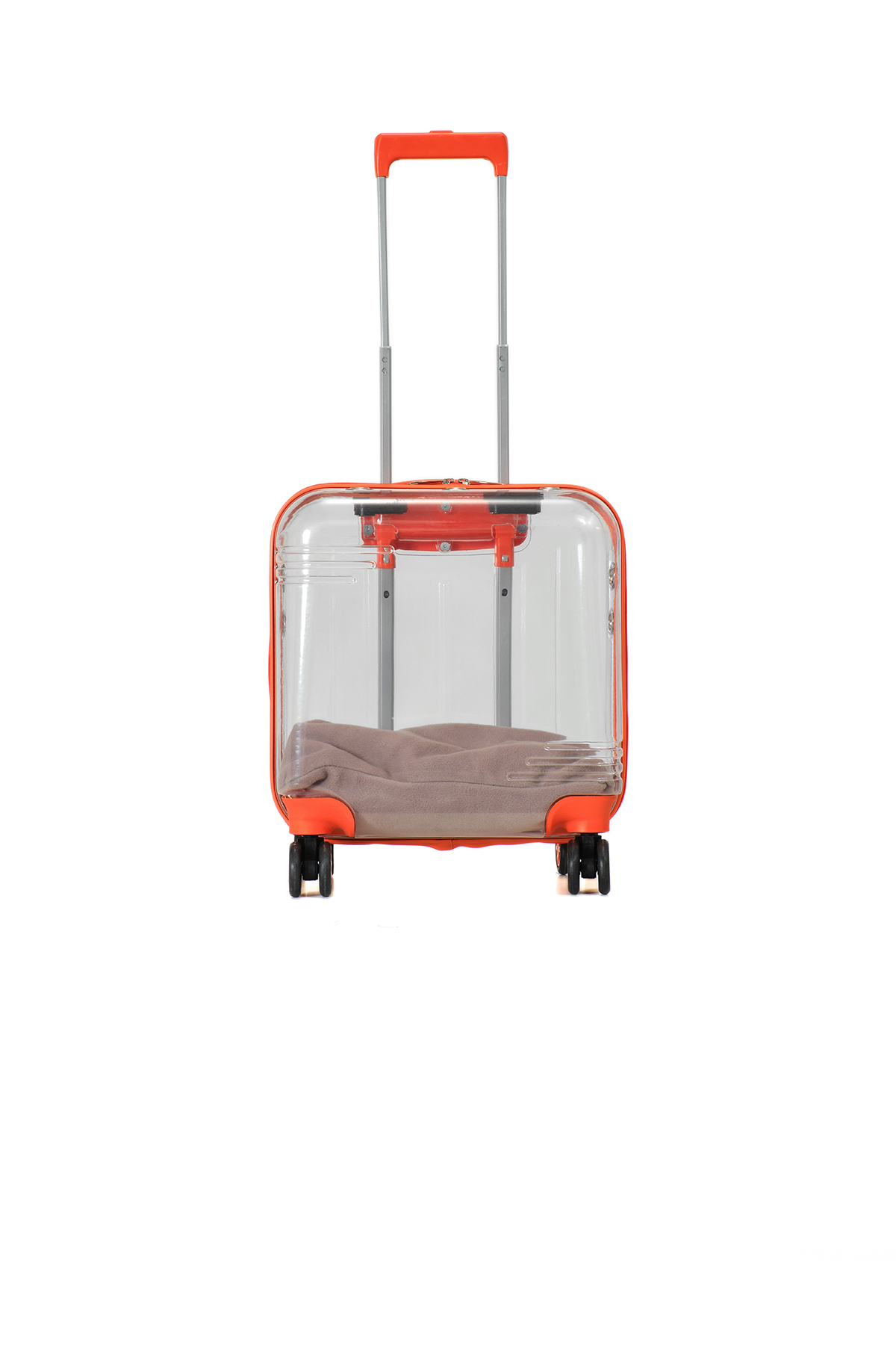 Unisex Turuncu Tekerlekli Şeffaf İçi Yataklı Köpek ve Kedi Evcil Hayvan Taşıma Çantası