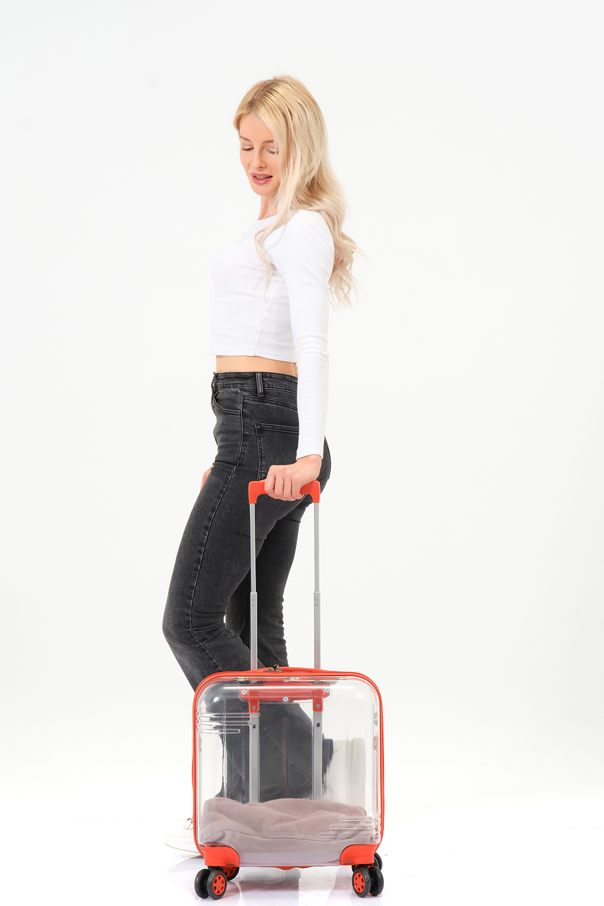 Unisex Turuncu Tekerlekli Şeffaf İçi Yataklı Köpek ve Kedi Evcil Hayvan Taşıma Çantası