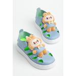 Çocuk Unisex Açık Mavi Hafif Taban Ayıcık Detaylı Cırtlı Sandalet