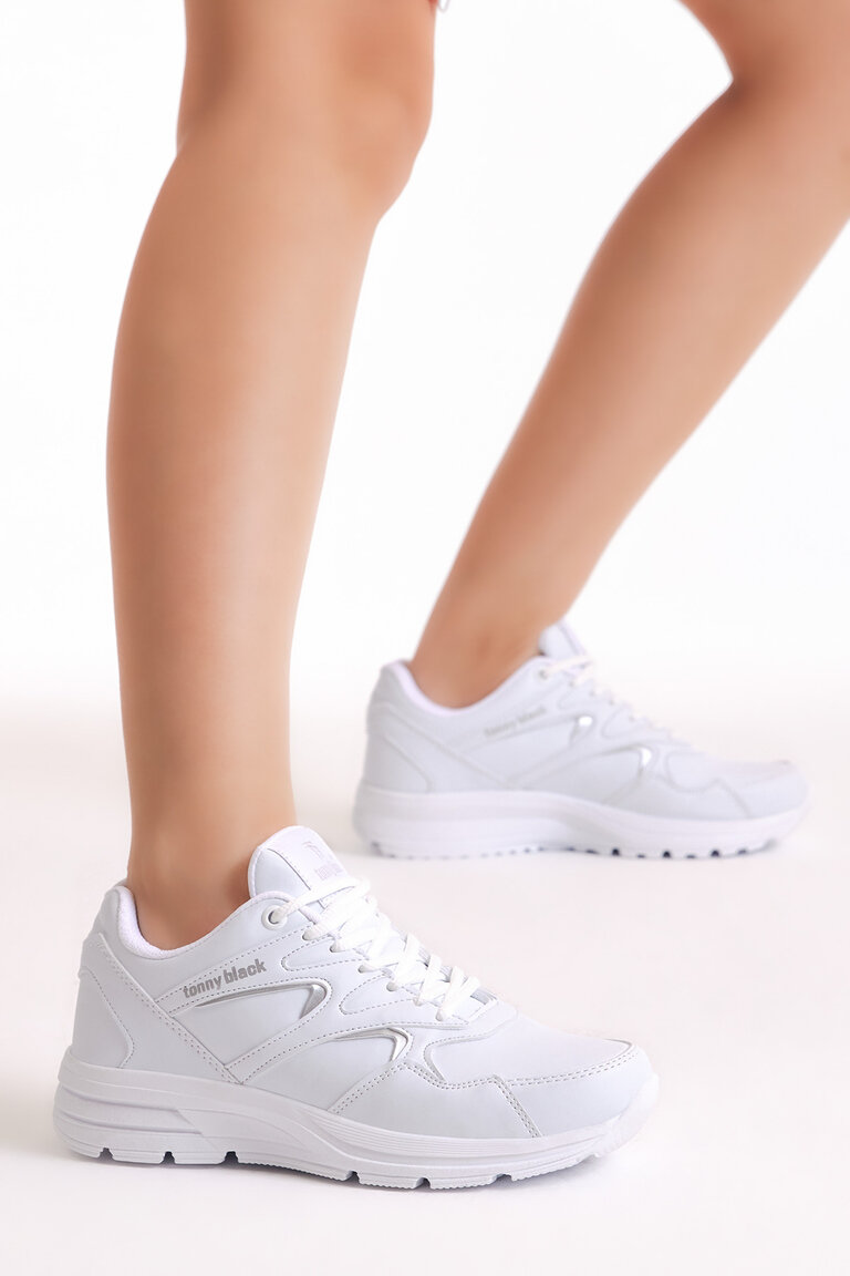 Unisex Beyaz Poli Taban Nefes Alabilen Kumaş Bağcıklı Spor Ayakkabı