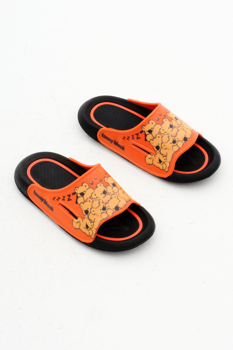 Çocuk Unisex Oranj Poli Taban Ayıcık Desenli Terlik