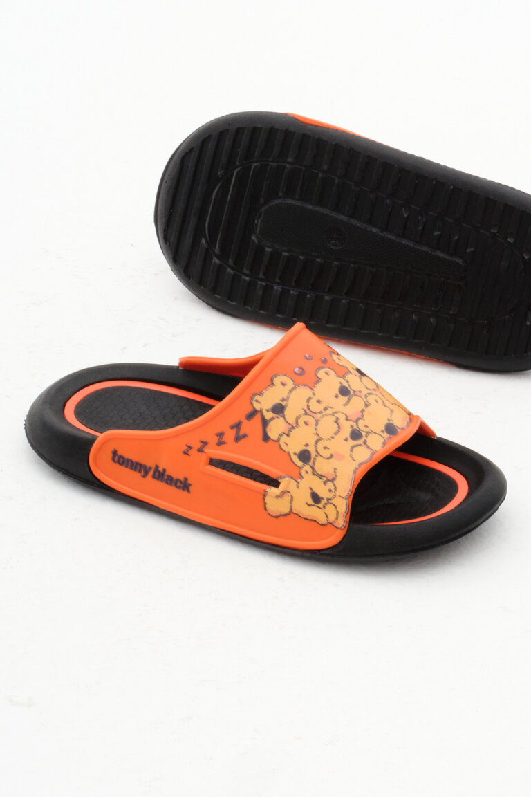 Çocuk Unisex Oranj Poli Taban Ayıcık Desenli Terlik