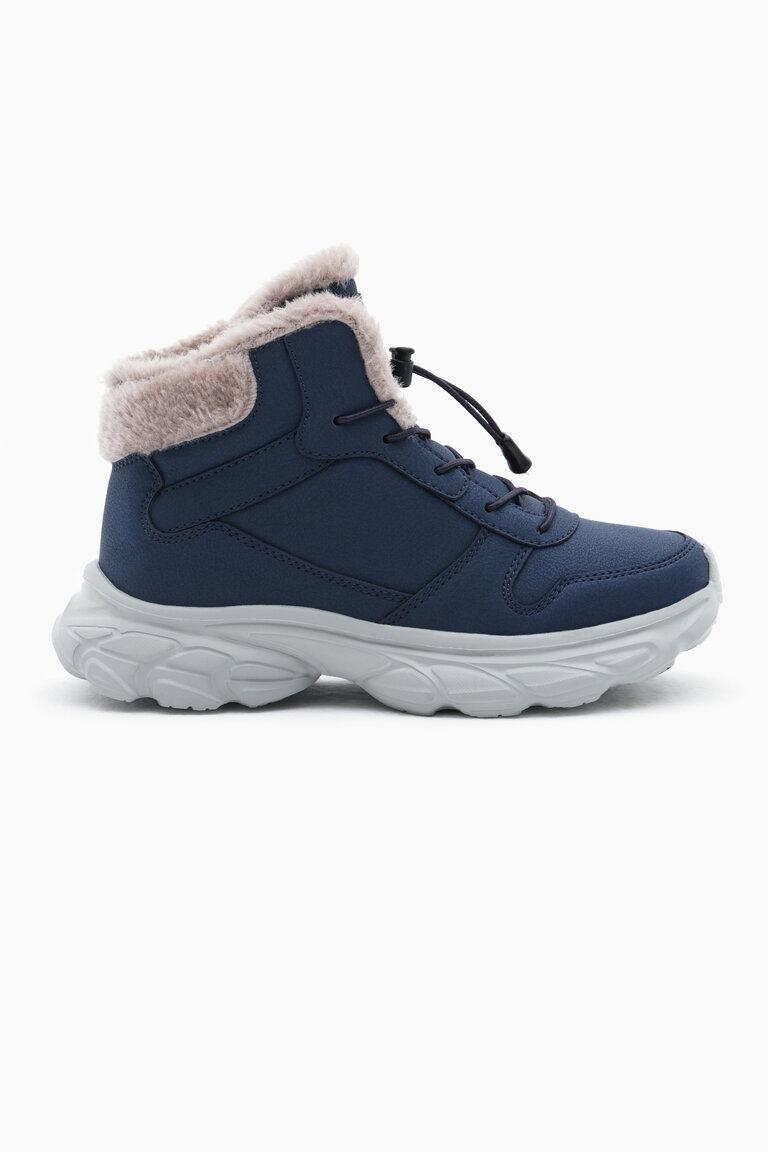 Çocuk Unisex Lacivert Faylon Taban İçi Kürklü Lastik Bağcıklı Bot