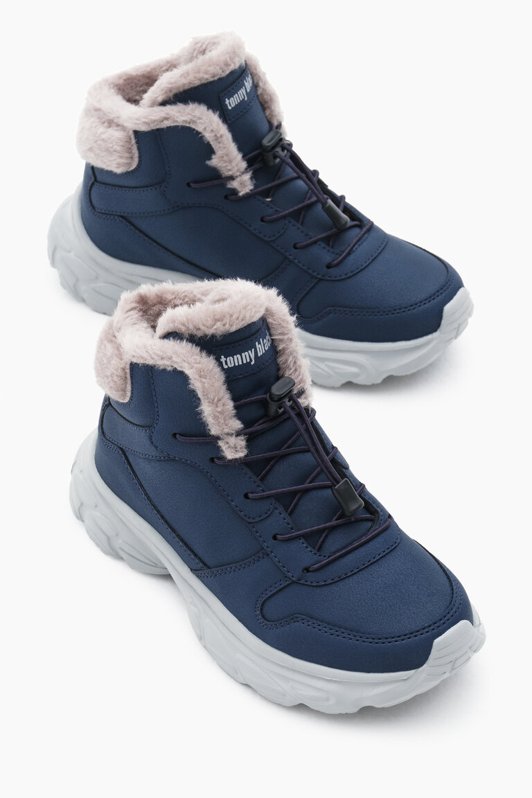Çocuk Unisex Lacivert Faylon Taban İçi Kürklü Lastik Bağcıklı Bot