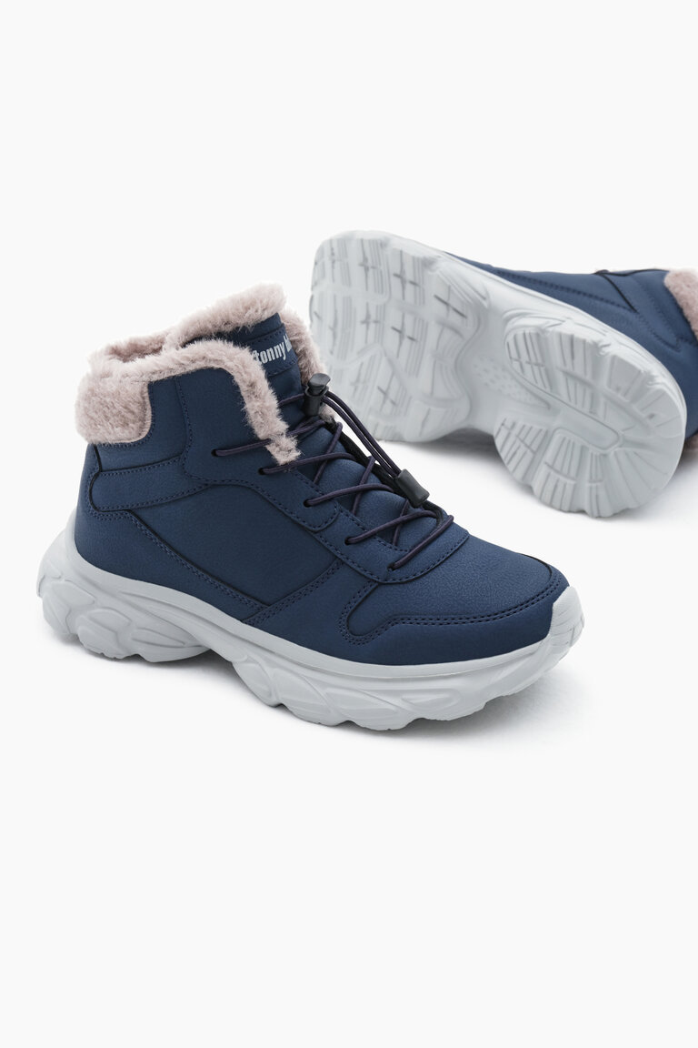 Çocuk Unisex Lacivert Faylon Taban İçi Kürklü Lastik Bağcıklı Bot