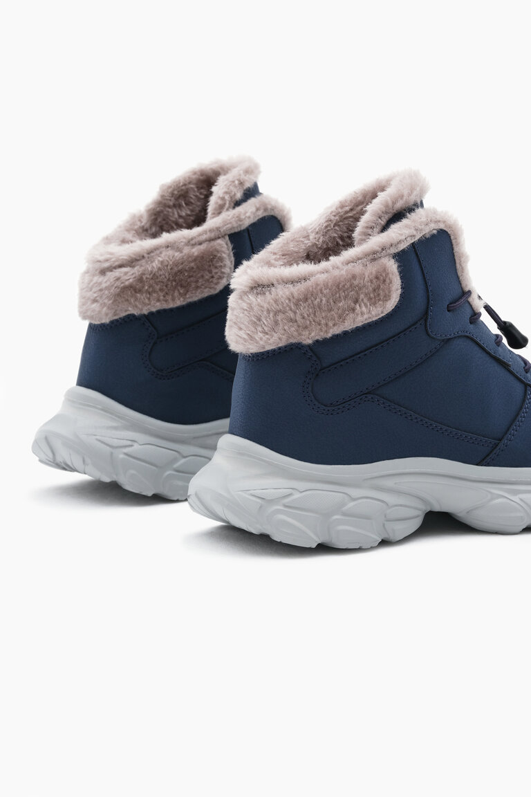 Çocuk Unisex Lacivert Faylon Taban İçi Kürklü Lastik Bağcıklı Bot