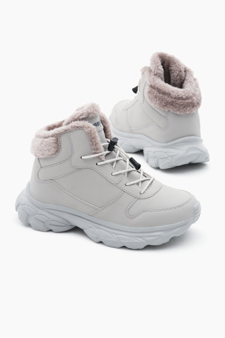 Çocuk Unisex Gri Faylon Taban İçi Kürklü Lastik Bağcıklı Bot