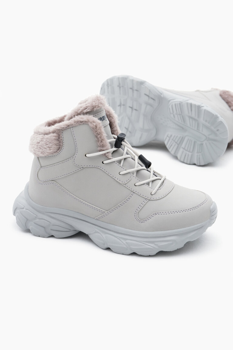 Çocuk Unisex Gri Faylon Taban İçi Kürklü Lastik Bağcıklı Bot