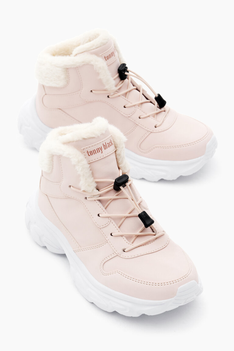 Çocuk Unisex Pudra Faylon Taban İçi Kürklü Lastik Bağcıklı Bot