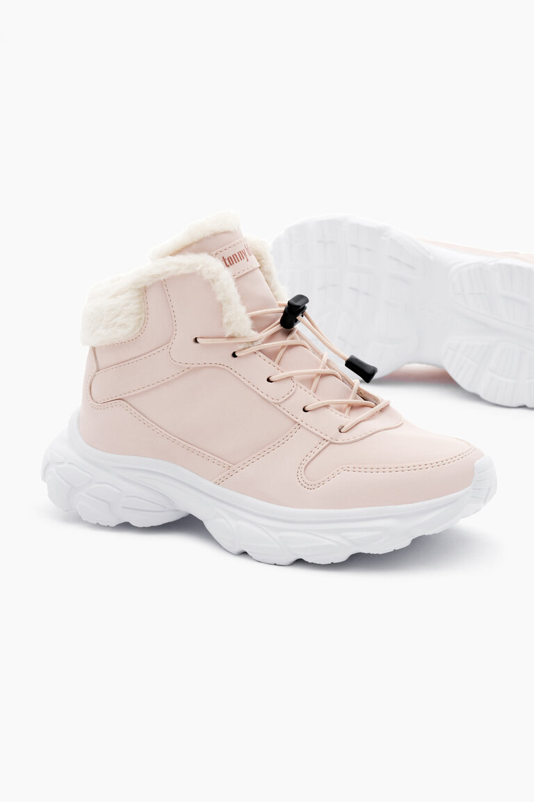 Çocuk Unisex Pudra Faylon Taban İçi Kürklü Lastik Bağcıklı Bot