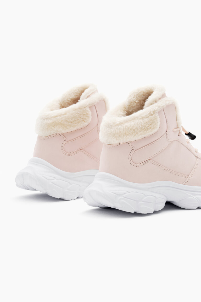 Çocuk Unisex Pudra Faylon Taban İçi Kürklü Lastik Bağcıklı Bot