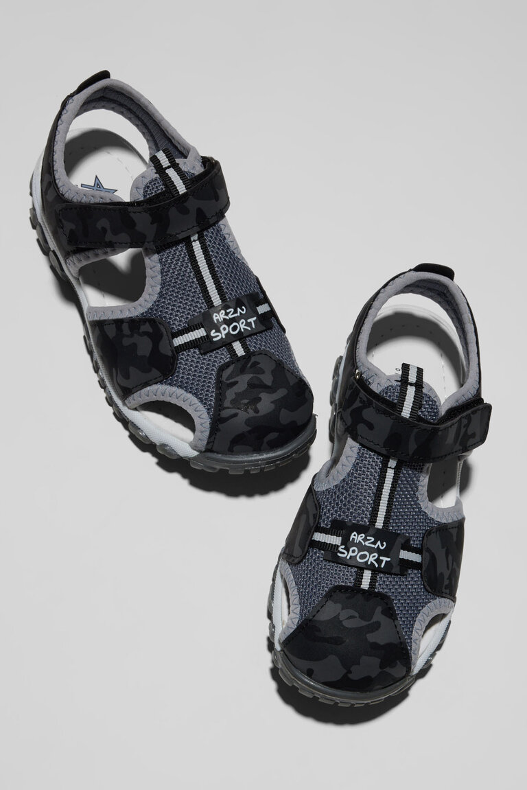 Çocuk Unisex Siyah Kamuflaj Çoçuk Cırtlı Rahat Kalıp Sandalet