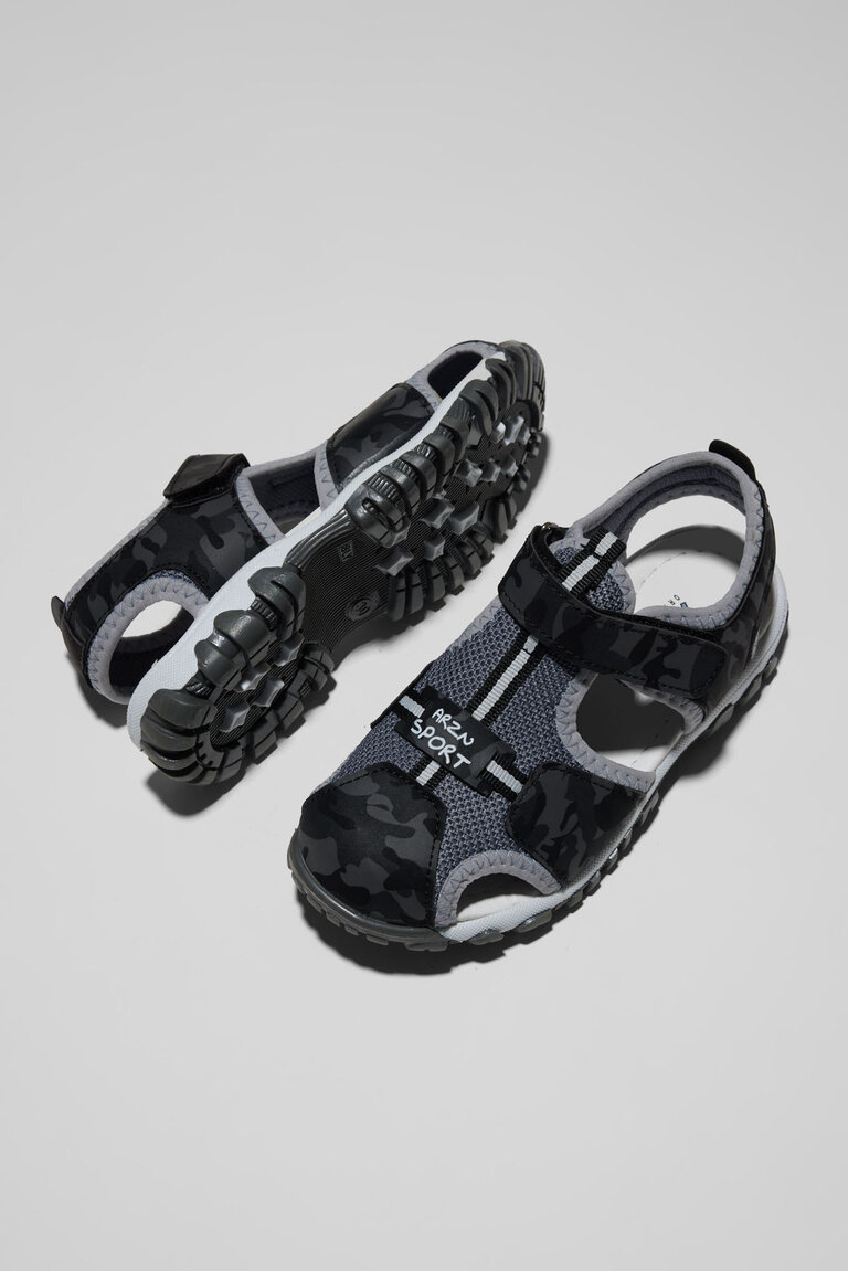 Çocuk Unisex Siyah Kamuflaj Çoçuk Cırtlı Rahat Kalıp Sandalet