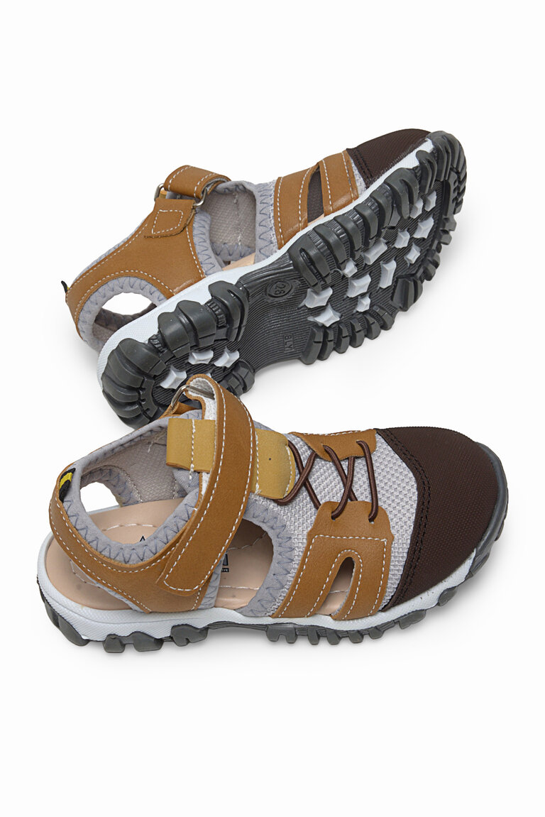 Çocuk Unisex Camel Çoçuk Cırt Ve Bağcıklı Rahat Kalıp Sandalet
