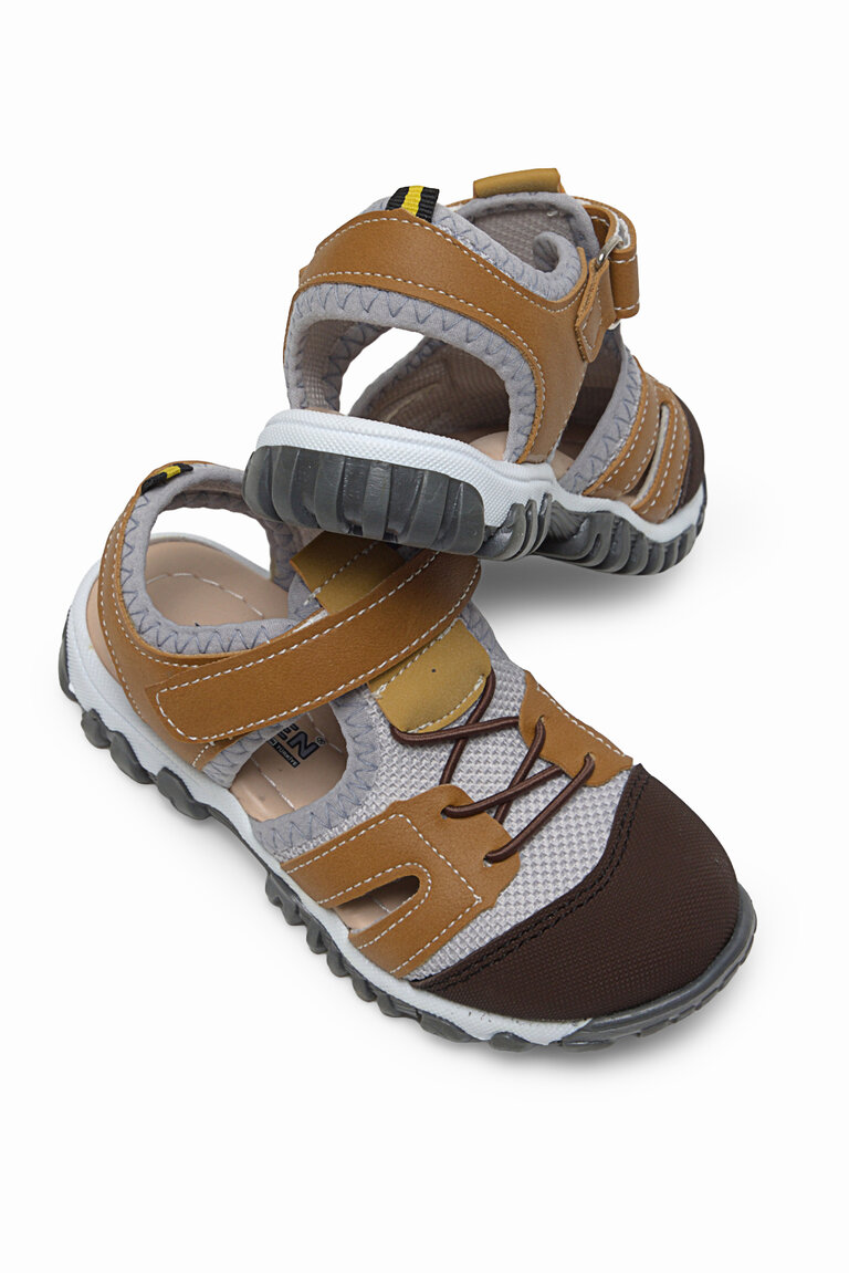 Çocuk Unisex Camel Çoçuk Cırt Ve Bağcıklı Rahat Kalıp Sandalet