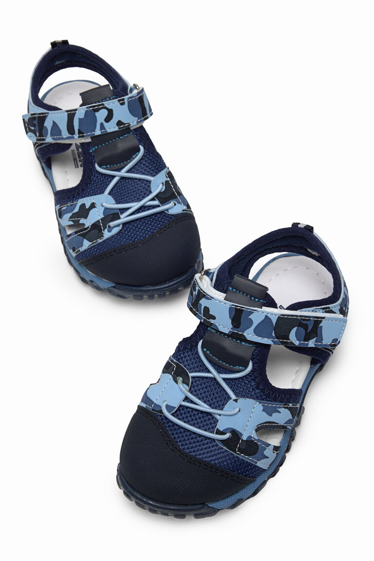 Çocuk Unisex Lacivert Kamuflaj Çoçuk Cırt Ve Bağcıklı Rahat Kalıp Sandalet