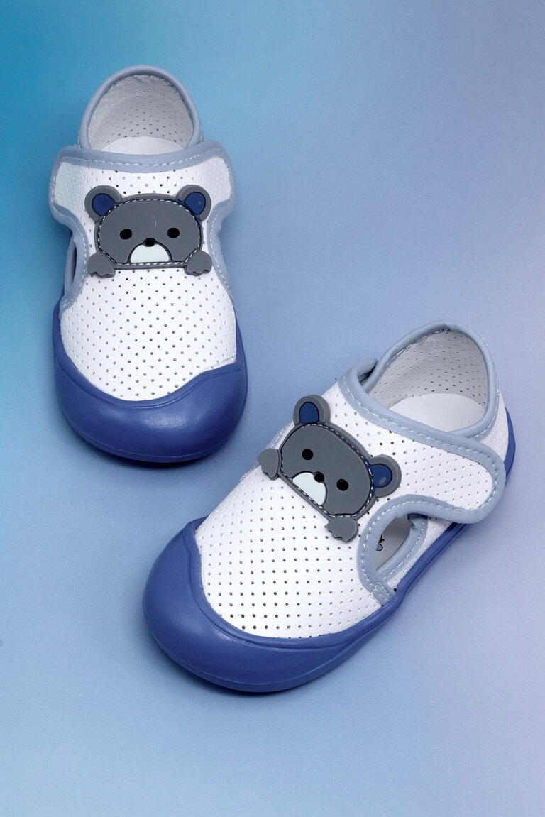 Kız Çocuk Beyaz Mavi Ayıcık Detaylı Rahat Kalıp İlk Adım Sneaker