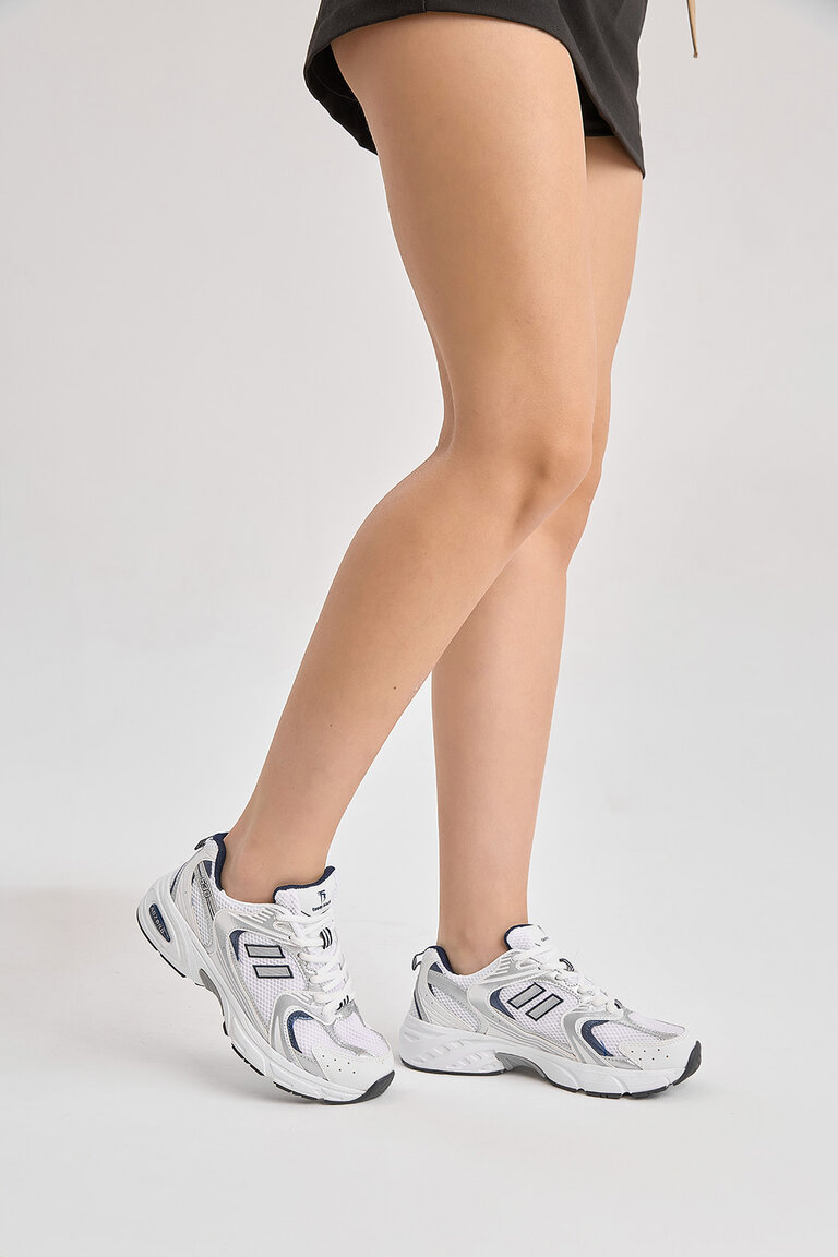 Unisex Beyaz Lacivert Yüksek Faylon Taban Fileli Desenli Spor Ayakkabı