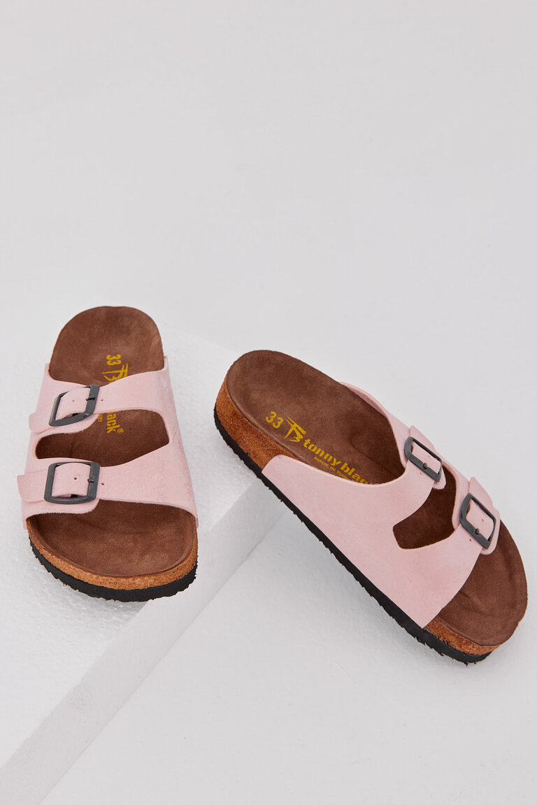 Çocuk Unisex Pudra Rahat Kalıp Poli Taban Çift Tokalı Nubuk Sandalet