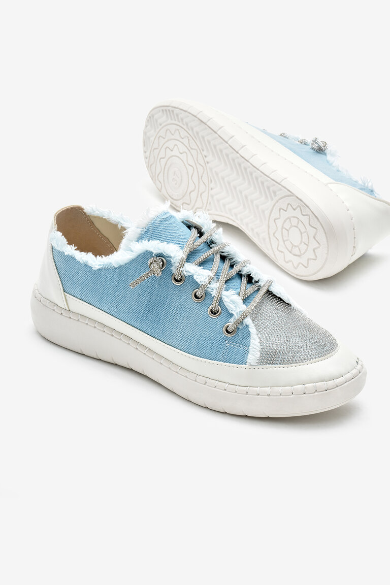 Kadın Bebe Mavisi Poli Taban Denim Kumaş Taşlı Bağcıklı Spor Ayakkabı