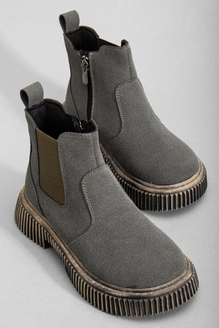 Çocuk Unisex Füme Süet Kalın Tırtıklı Termo Taban Fermuarlı Lastikli Chelsea Bot