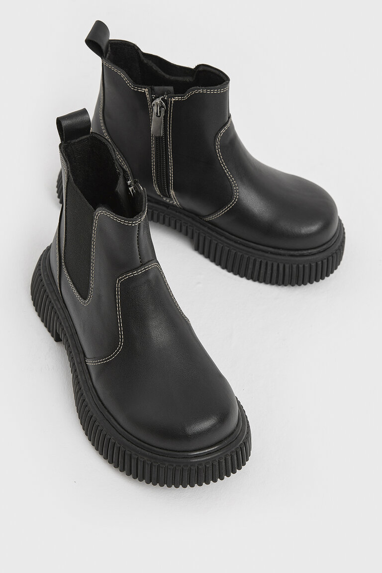 Çocuk Unisex Siyah Cilt Kalın Tırtıklı Termo Taban Fermuarlı Lastikli Chelsea Bot
