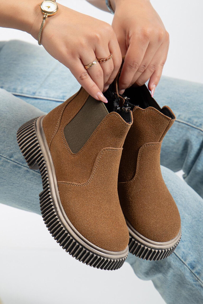 Çocuk Unisex Taba Süet Kalın Tırtıklı Termo Taban Fermuarlı Lastikli Chelsea Bot