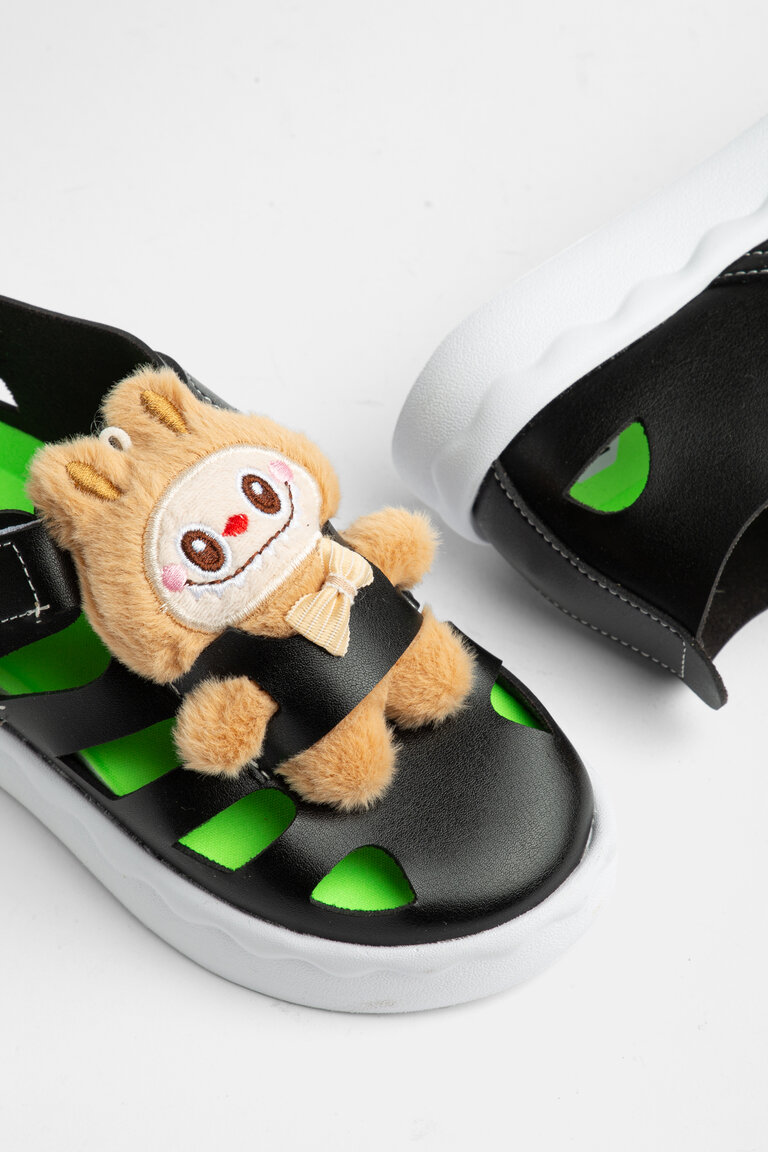 Çocuk Unisex Siyah Hafif Taban Ayıcık Detaylı Cırtlı Sandalet