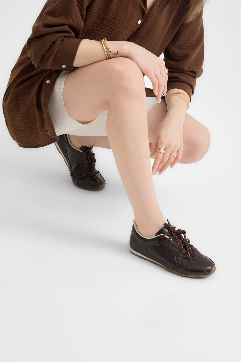 Kadın Kahve Cilt Kauçuk Taban Nefes Alabilen Bağcıklı Sneaker