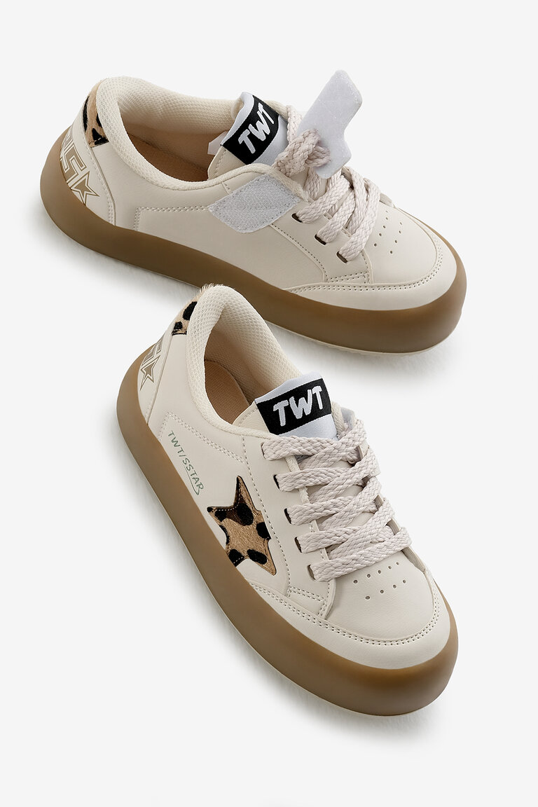 Çocuk Unisex Bej Leopar Termo Taban Yıldız Detaylı Bağcıklı ve Cırtlı Spor Ayakkabı