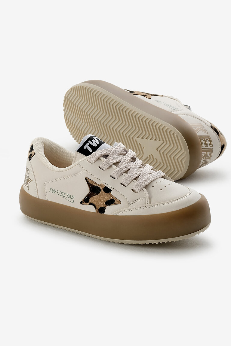 Çocuk Unisex Bej Leopar Termo Taban Yıldız Detaylı Bağcıklı ve Cırtlı Spor Ayakkabı