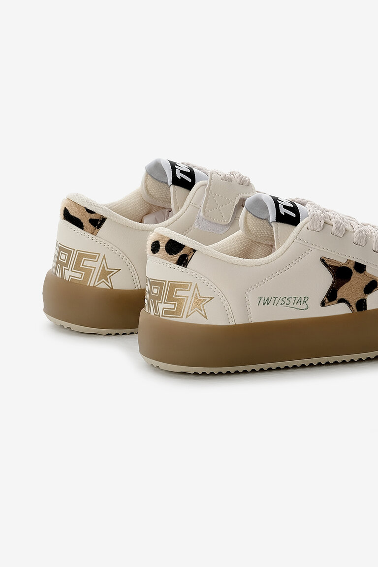 Çocuk Unisex Bej Leopar Termo Taban Yıldız Detaylı Bağcıklı ve Cırtlı Spor Ayakkabı