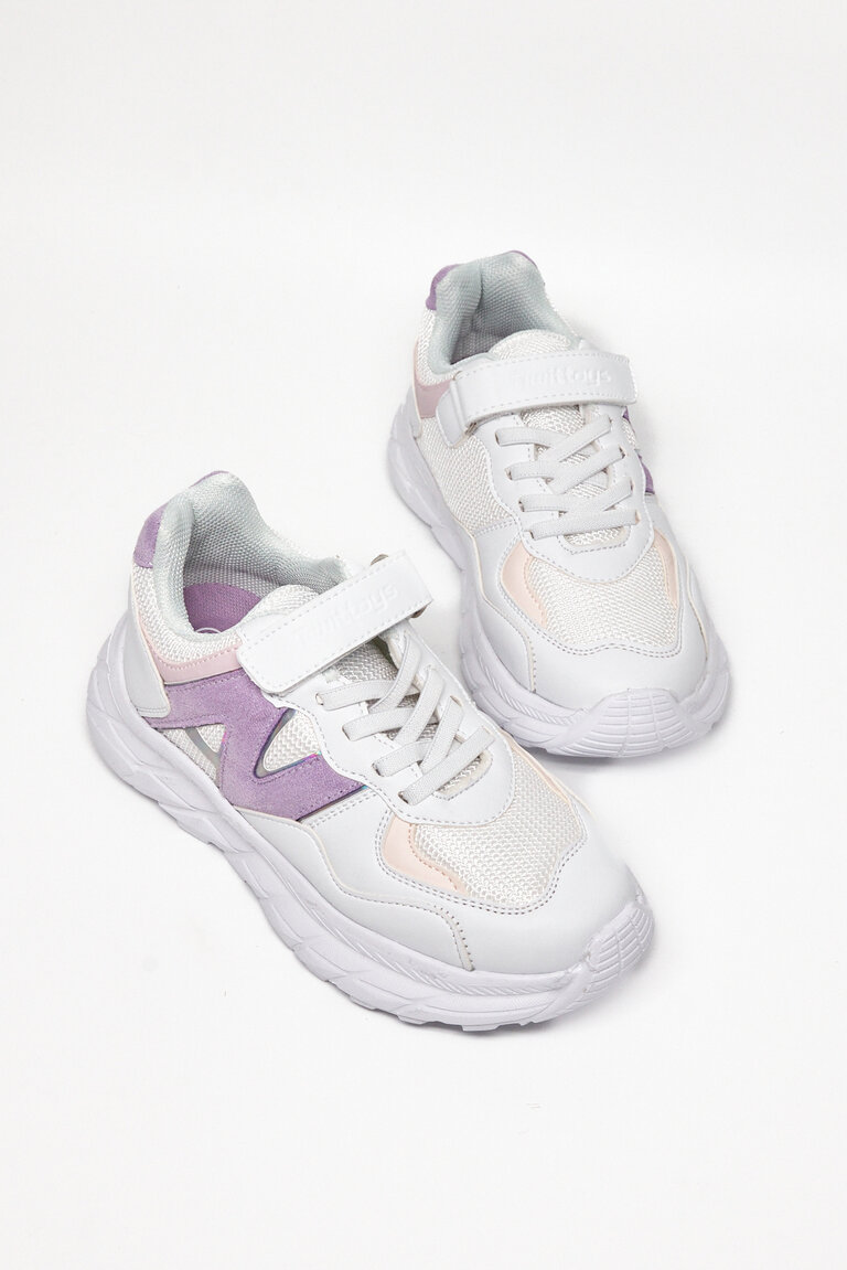Çocuk Unisex Beyaz Lila Rahat Kalıp Cırtlı Bağcıklı Sneaker