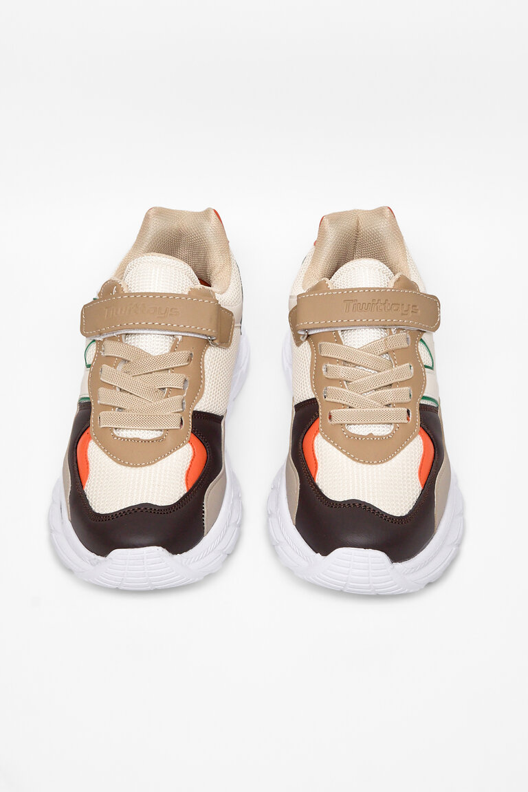 Çocuk Unisex Krem Kahve Rahat Kalıp Cırtlı Bağcıklı Sneaker