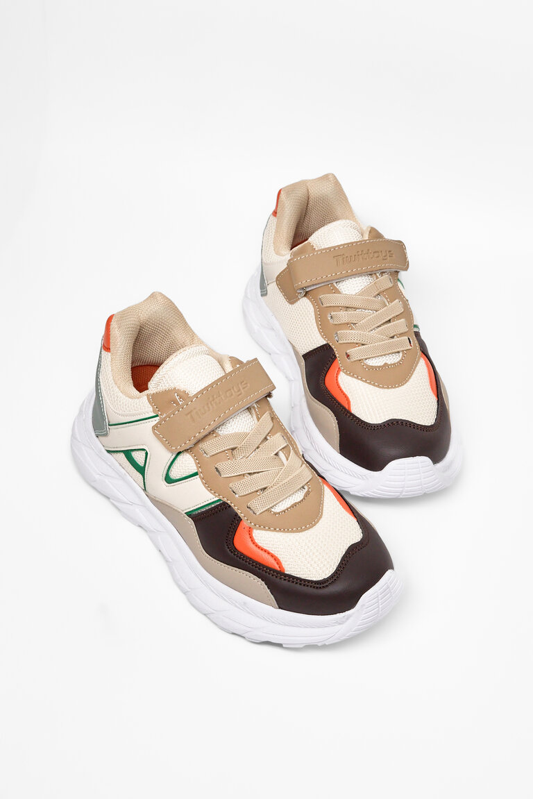 Çocuk Unisex Krem Kahve Rahat Kalıp Cırtlı Bağcıklı Sneaker
