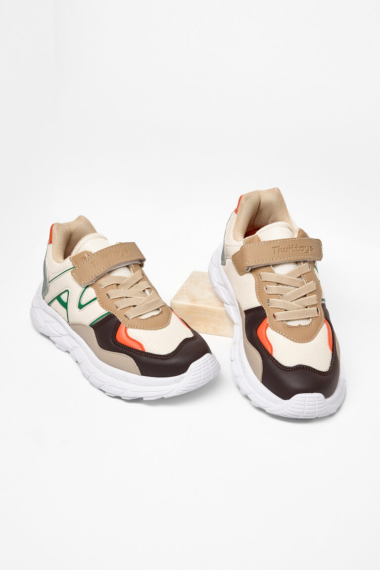 Çocuk Unisex Krem Kahve Rahat Kalıp Cırtlı Bağcıklı Sneaker
