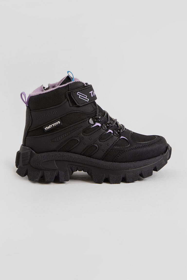 Çocuk Unisex Siyah Lila Kalın Kauçuk Taban Lastik Bağcıklı Cırtlı Outdoor Trekking Bot