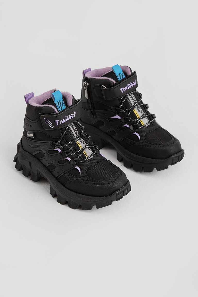 Çocuk Unisex Siyah Lila Kalın Kauçuk Taban Lastik Bağcıklı Cırtlı Outdoor Trekking Bot