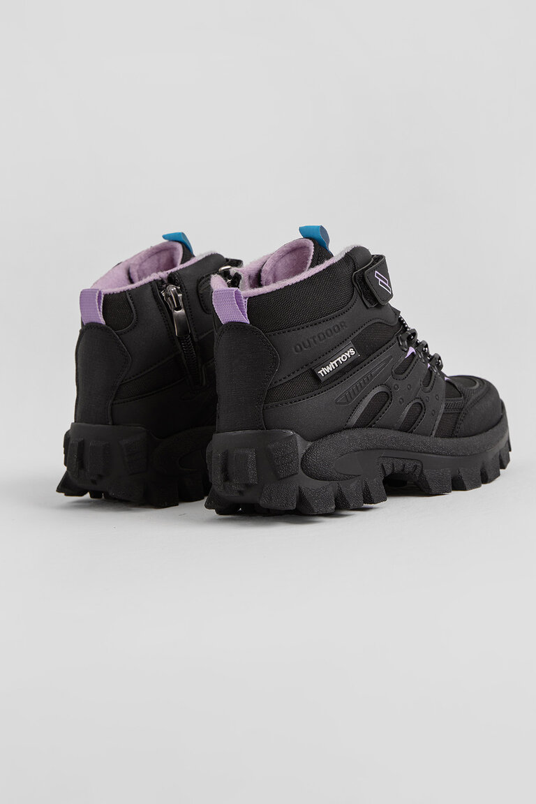 Çocuk Unisex Siyah Lila Kalın Kauçuk Taban Lastik Bağcıklı Cırtlı Outdoor Trekking Bot