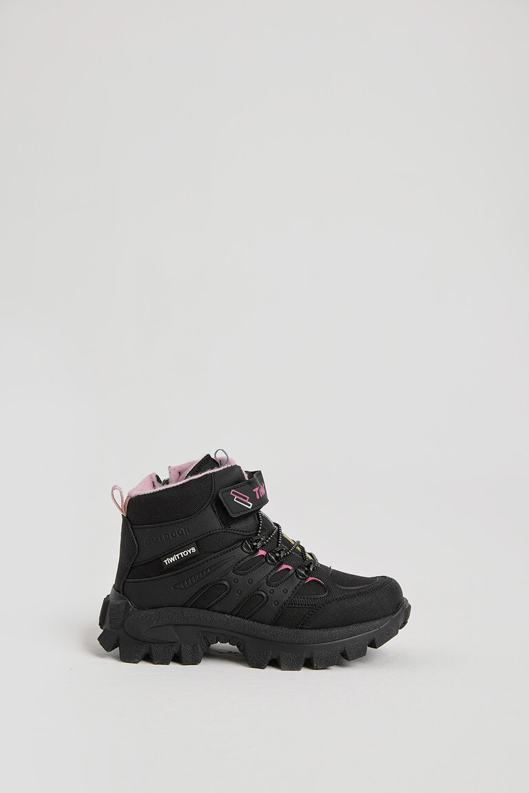 Çocuk Unisex Siyah Pudra Kalın Kauçuk Taban Lastik Bağcıklı Cırtlı Outdoor Trekking Bot